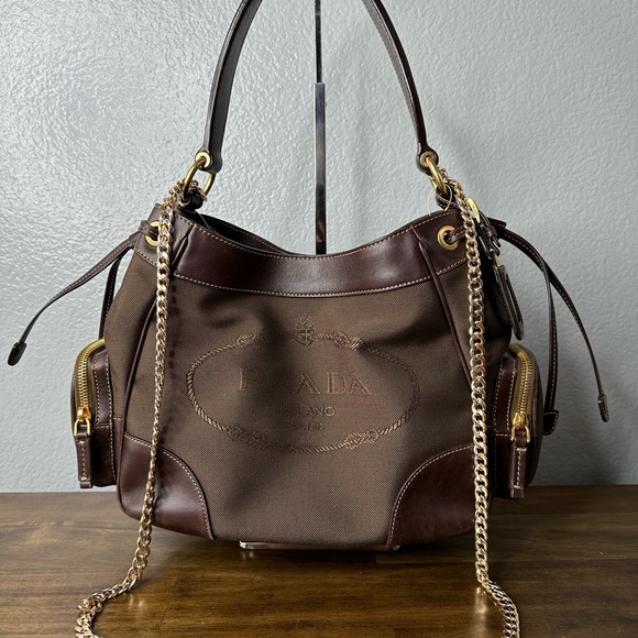 Prada Bags Prada Logo Hobo Canvasleather Bag Poshmark